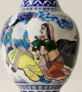 Eternal Vrindavan Hand-Painted Radha Krishna Jaipur Blue Pottery Vase (20 Inch)