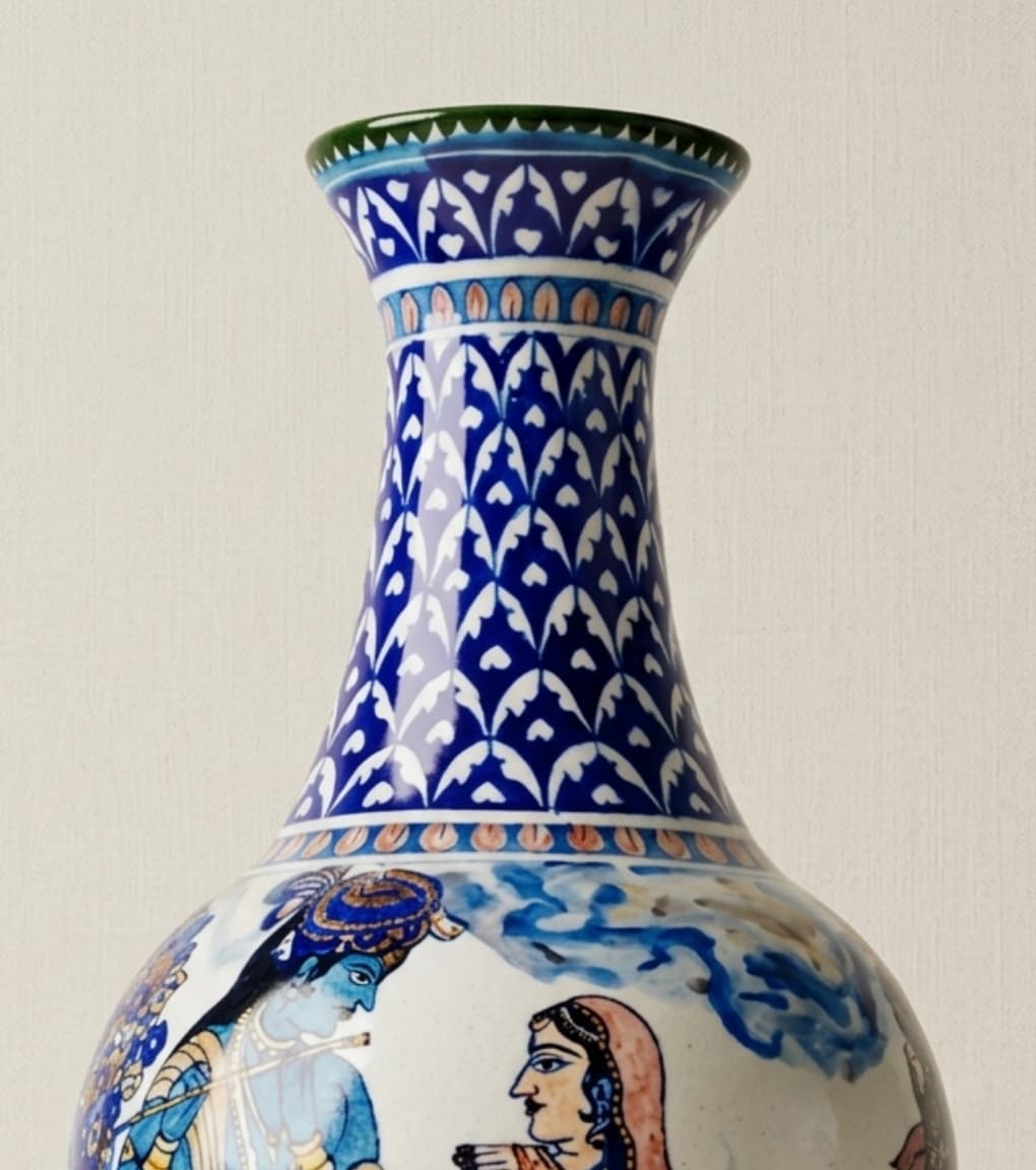 Eternal Vrindavan Hand-Painted Radha Krishna Jaipur Blue Pottery Vase (20 Inch)