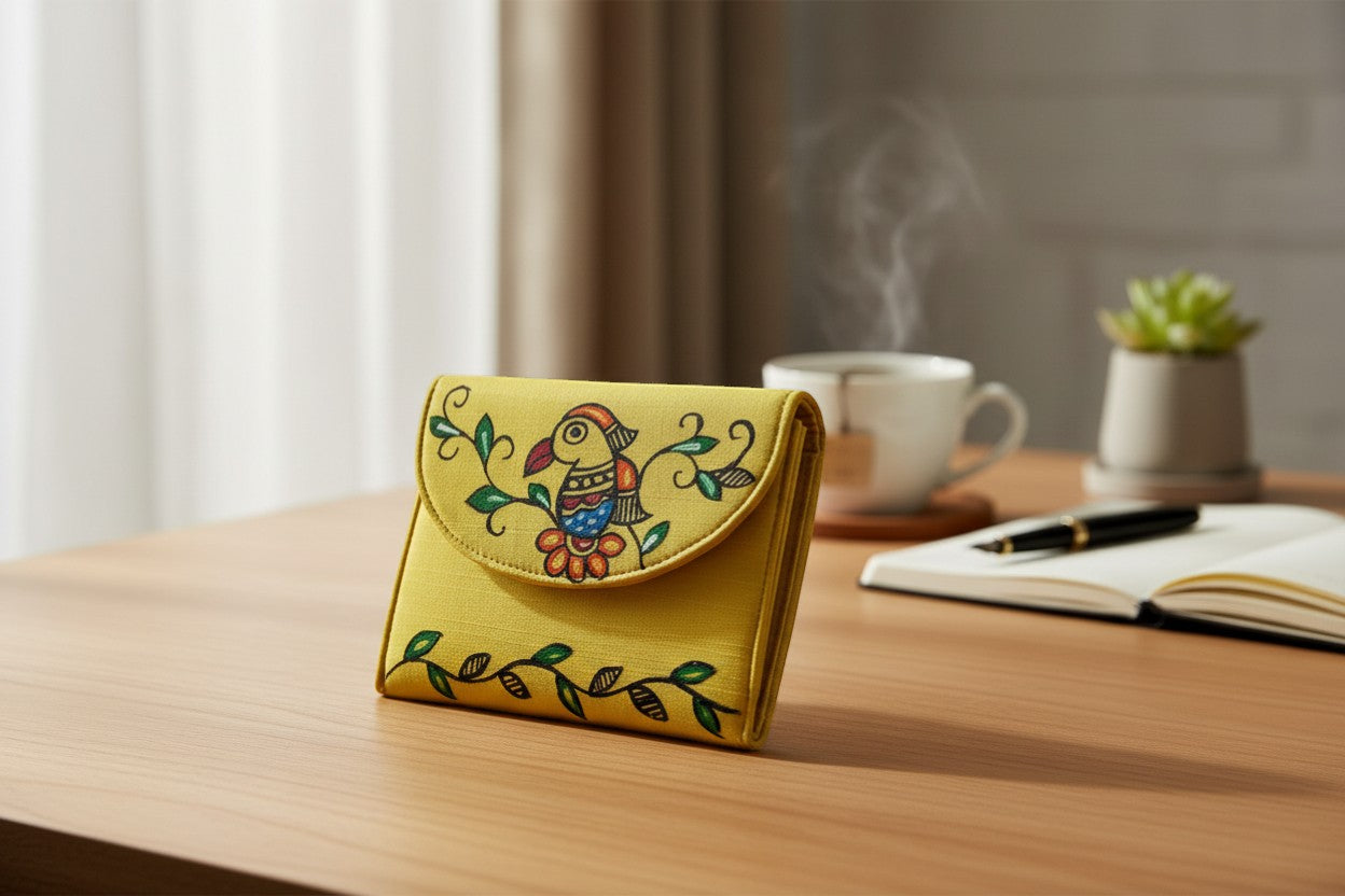 Handmade Madhubani Coin Pouch – Silk Mithila Art Mini Wallet | Traditional Indian Folk Art Accessory - Retail Maharaj