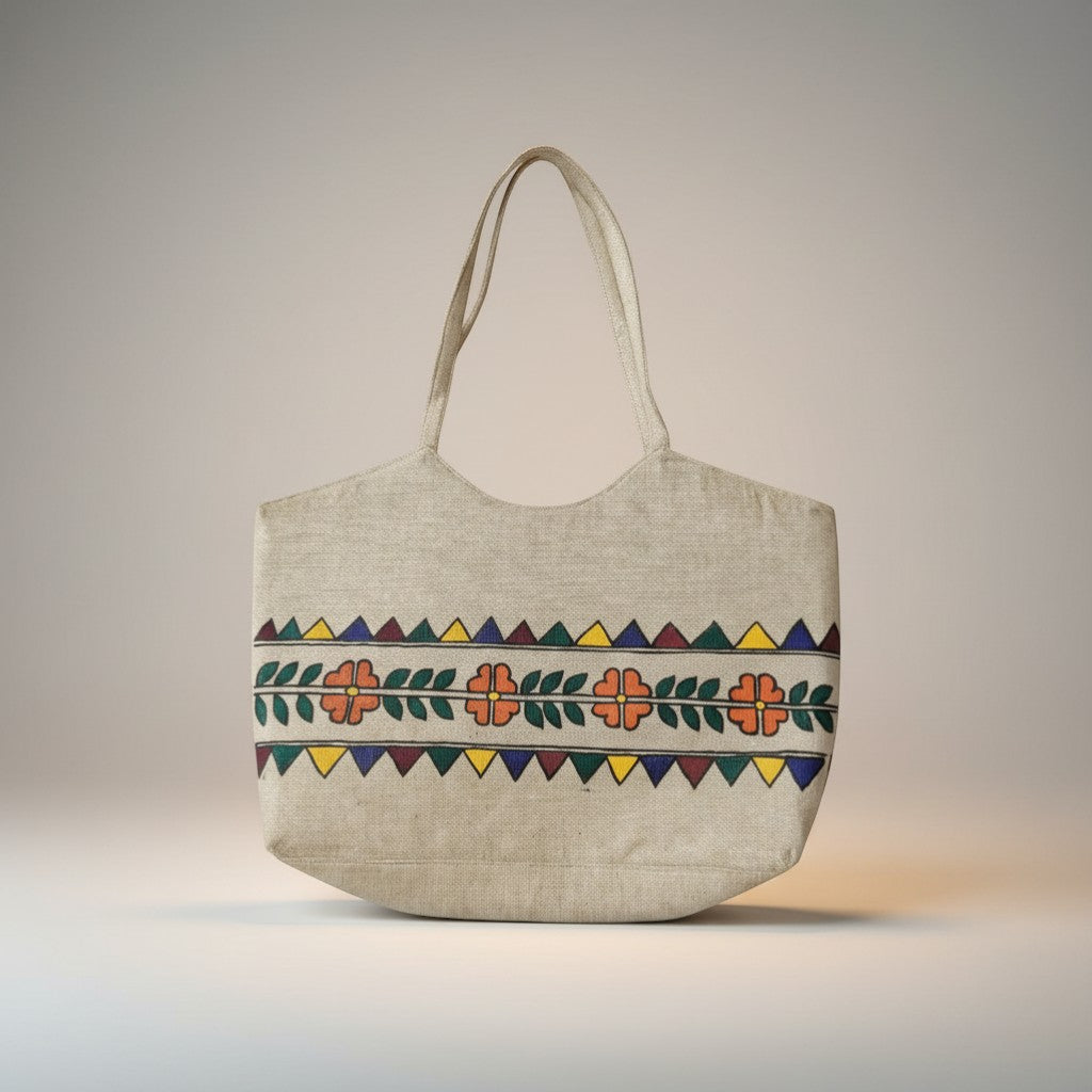 Handmade Jute Handbag with Madhubani Art | Eco-friendly Mithila Painting Ethnic Tote Bag - Retail Maharaj