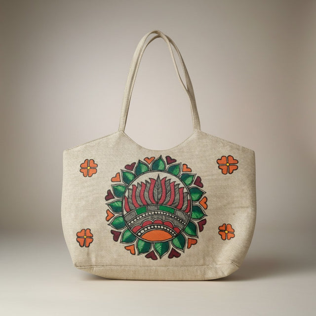 Handmade Jute Handbag with Madhubani Art | Eco-friendly Mithila Painting Ethnic Tote Bag - Retail Maharaj