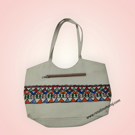 Handmade Light Green Cotton Handbag with Madhubani Art | Mithila Painting Ethnic Tote Bag - Retail Maharaj