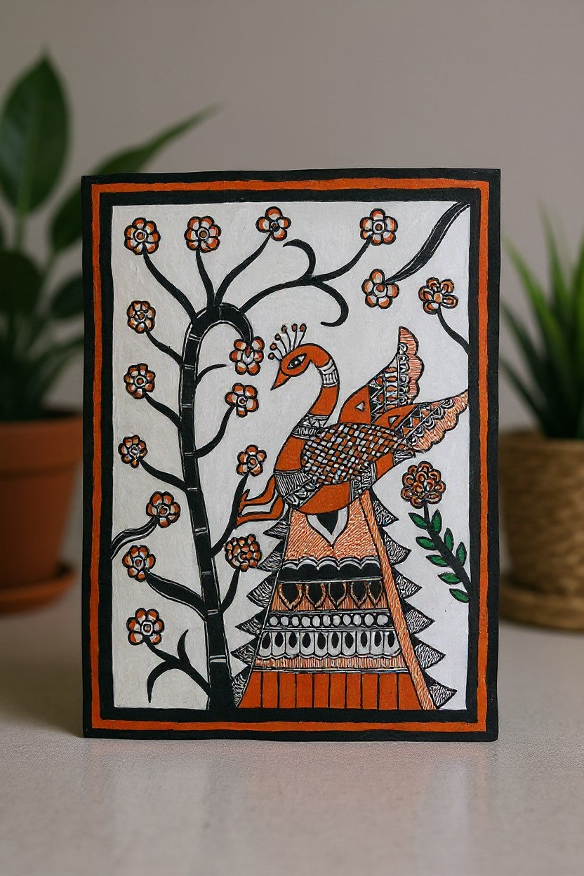 Handmade Madhubani Painting – Peacock on a Branch | Mithila Art Traditional Indian Folk Wall Decor - Retail Maharaj