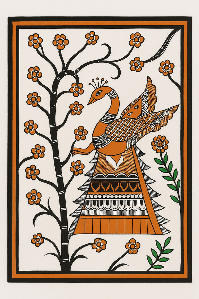 Handmade Madhubani Painting – Peacock on a Branch | Mithila Art Traditional Indian Folk Wall Decor - Retail Maharaj