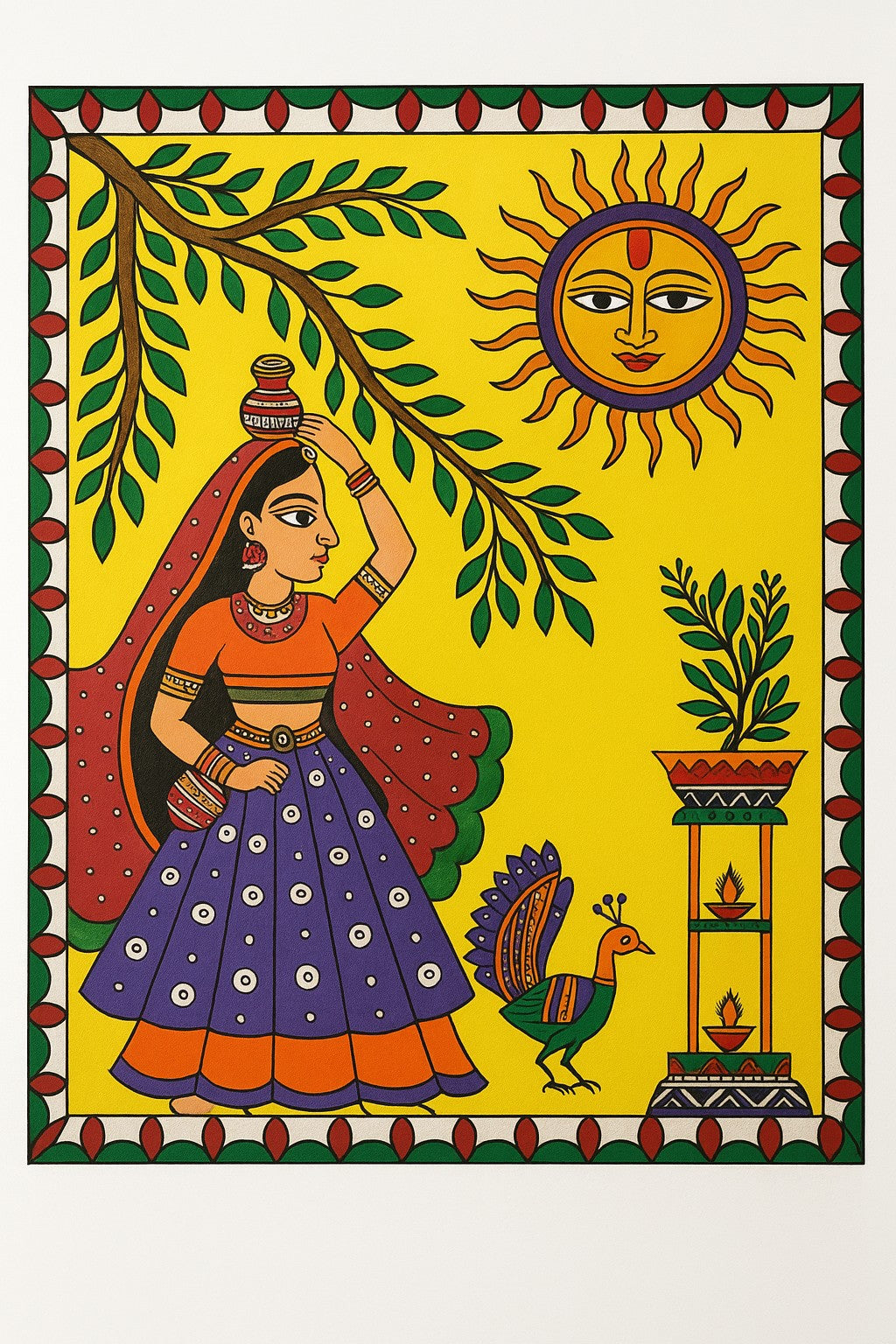 Handmade Madhubani Painting – A Village Scene | Mithila Art Traditional Indian Folk Wall Decor