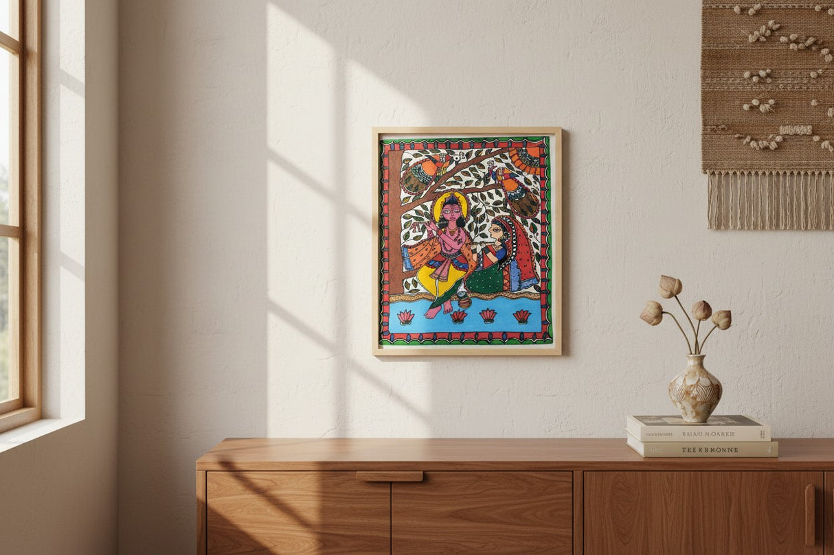 Handmade Madhubani Painting – Radha Krishna | Mithila Art Traditional Indian Folk Wall Decor - Retail Maharaj