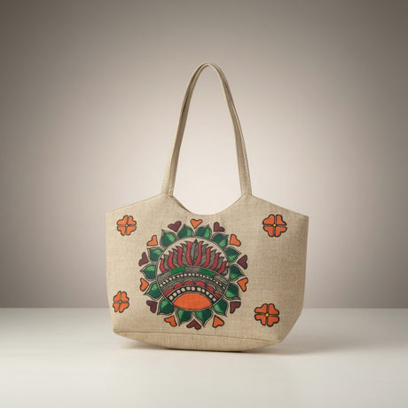 Handmade Jute Jhola Bag with Madhubani Art | Eco-friendly Mithila Painting Tote Bag - Retail Maharaj