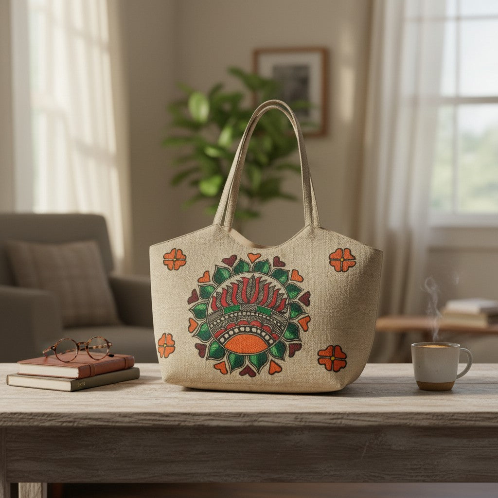 Handmade Jute Jhola Bag with Madhubani Art | Eco-friendly Mithila Painting Tote Bag - Retail Maharaj