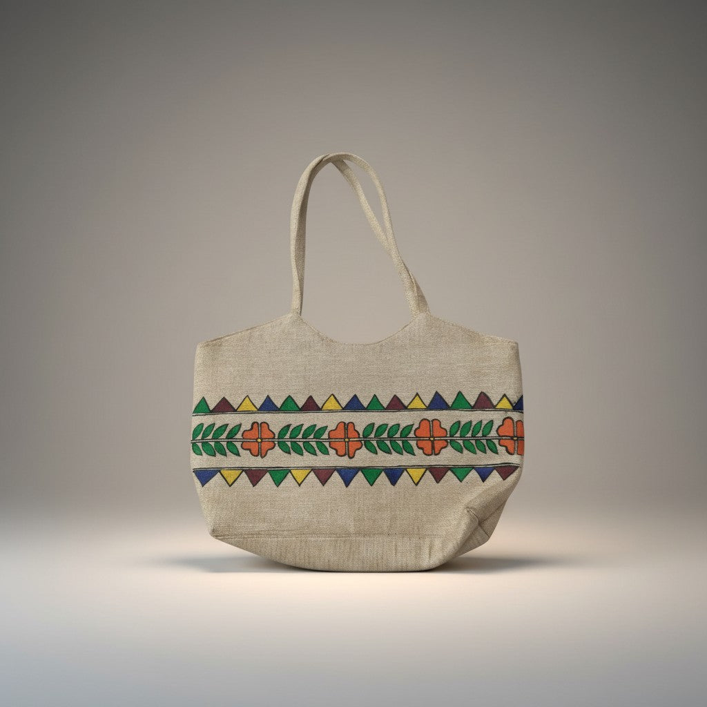 Handmade Jute Jhola Bag with Madhubani Art | Eco-friendly Mithila Painting Tote Bag - Retail Maharaj