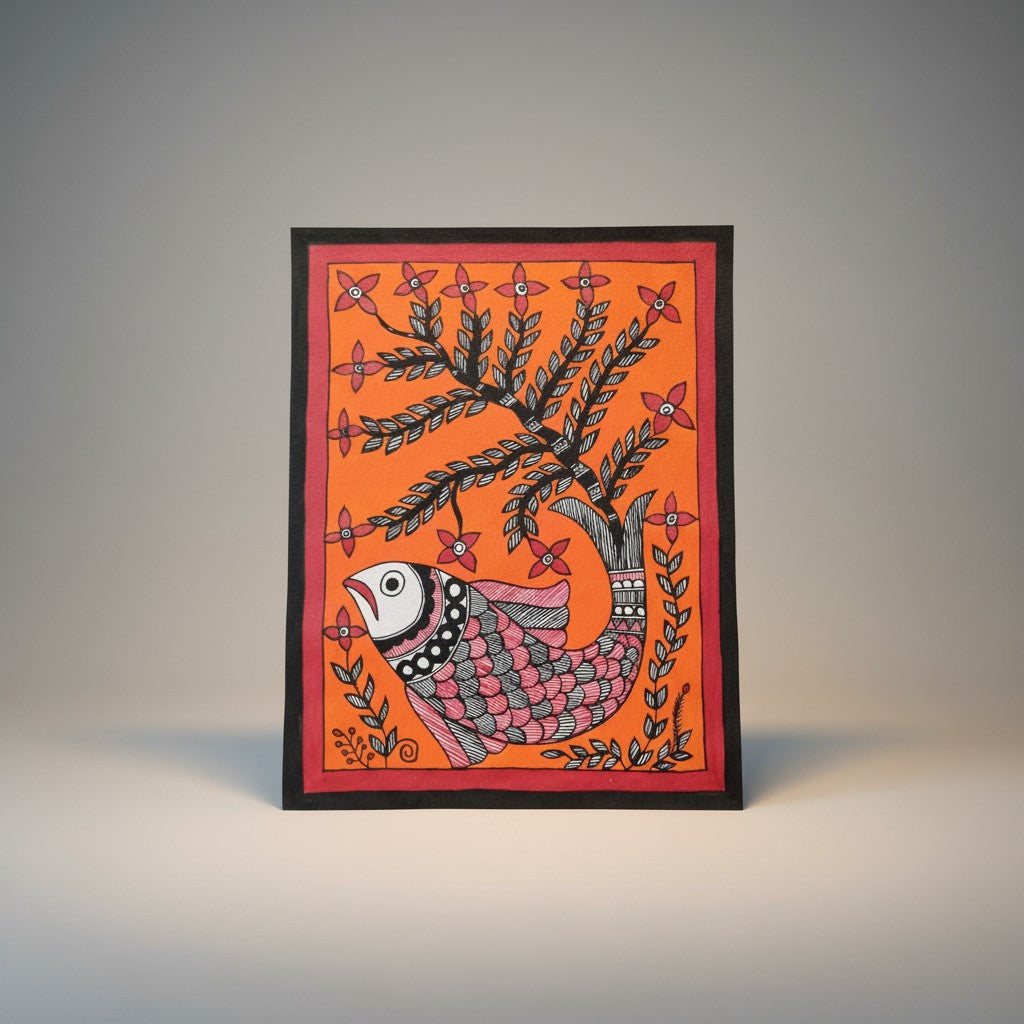 Handmade Madhubani Painting – Fish Under Tree | Mithila Art Traditional Indian Folk Wall Decor
