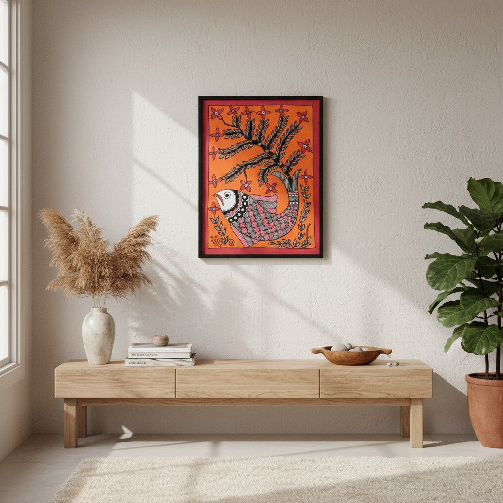 Handmade Madhubani Painting – Fish Under Tree | Mithila Art Traditional Indian Folk Wall Decor