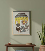 Authentic Gond Painting – Tribal Woman & Domestic Scene Folk Art (11 × 15 Inch)