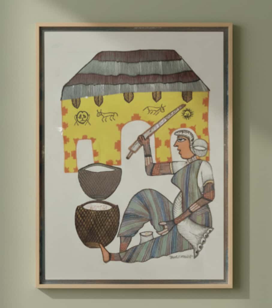 Authentic Gond Painting – Tribal Woman & Domestic Scene Folk Art (11 × 15 Inch)