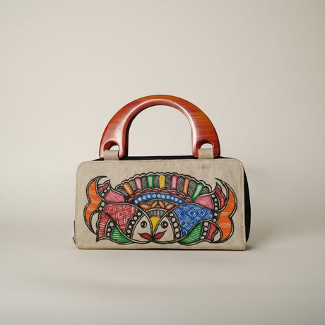 Handmade Jute Handle Bag with Madhubani Art | Eco-friendly Mithila Painting Ethnic Handbag - Retail Maharaj