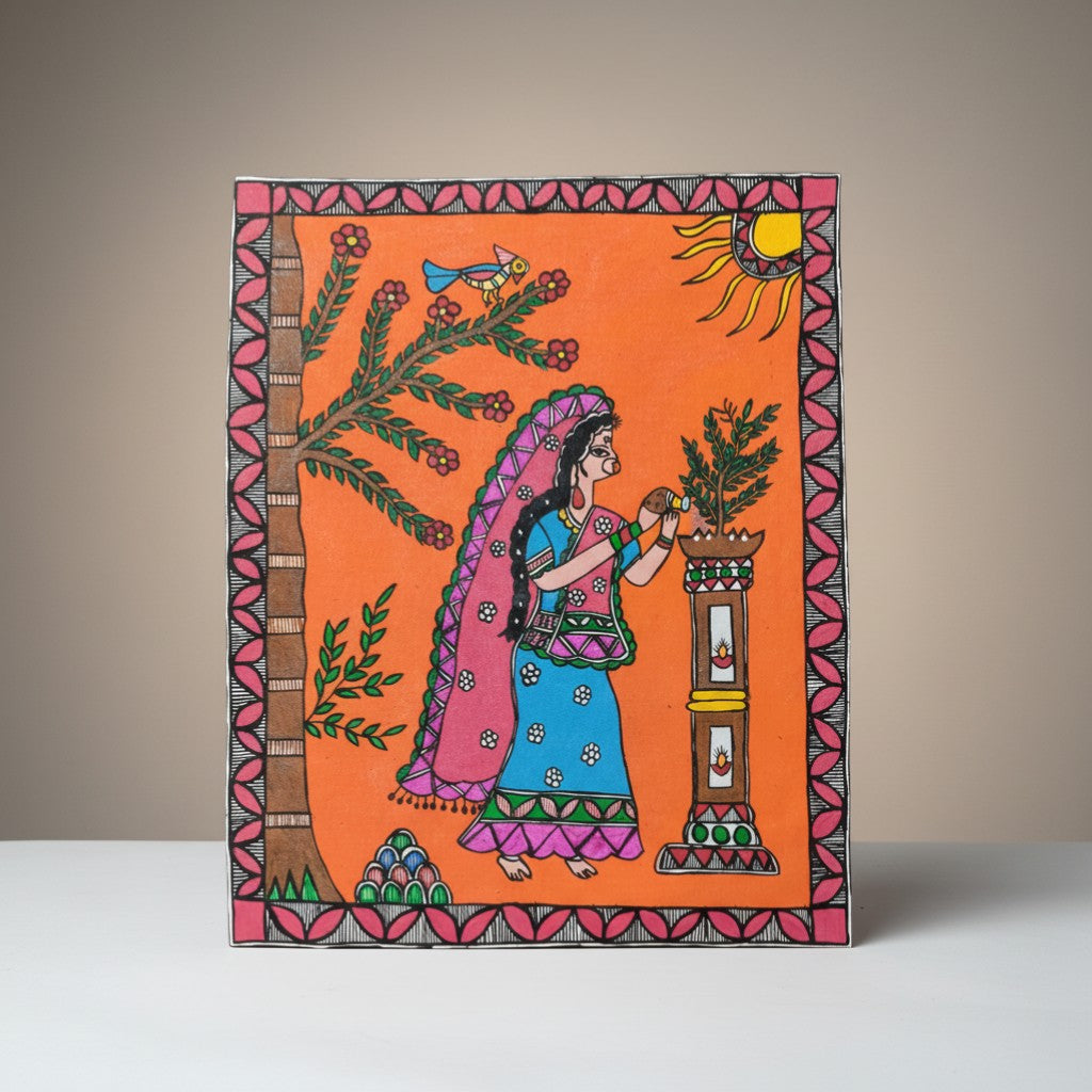Handmade Madhubani Painting – A Worshipping Lady | Mithila Art Traditional Indian Folk Wall Decor - Retail Maharaj