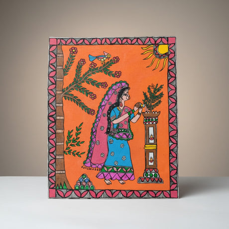 Handmade Madhubani Painting – A Worshipping Lady | Mithila Art Traditional Indian Folk Wall Decor - Retail Maharaj