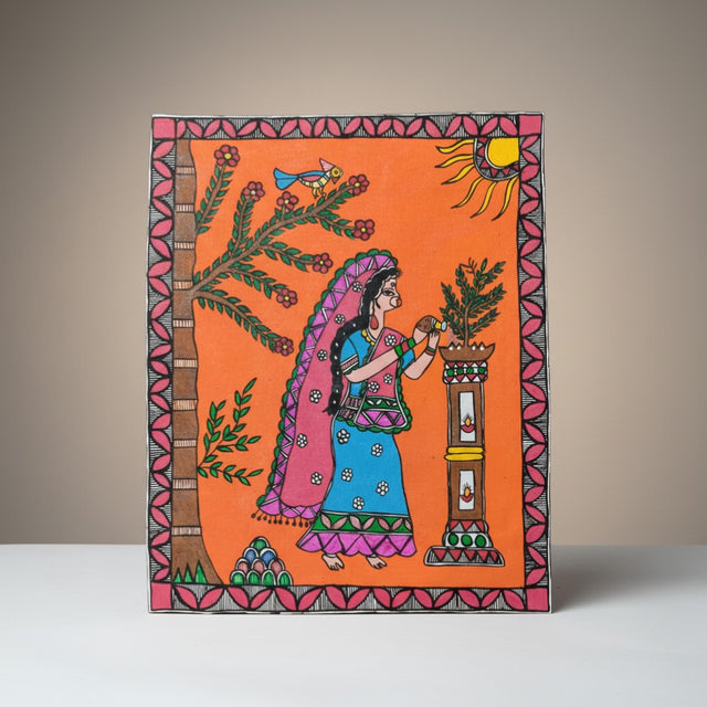 Handmade Madhubani Painting – A Worshipping Lady | Mithila Art Traditional Indian Folk Wall Decor - Retail Maharaj