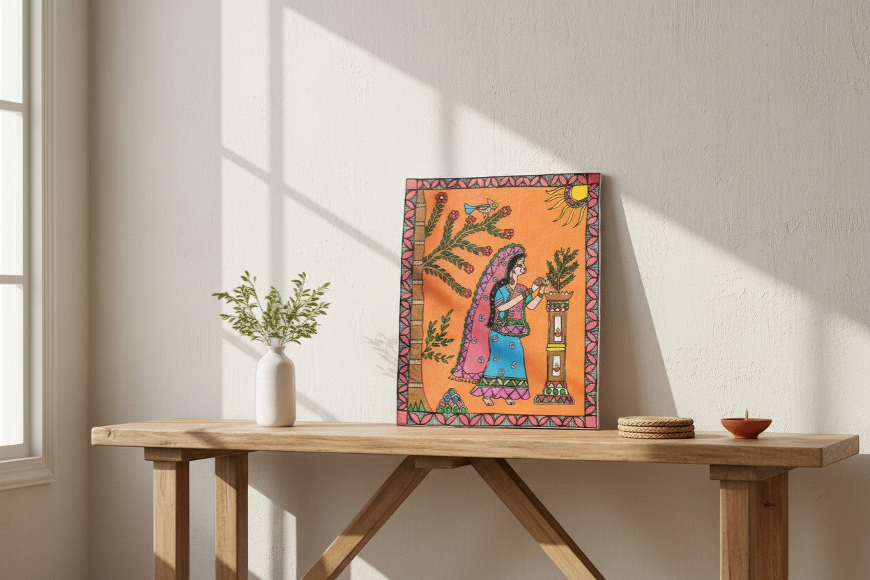 Handmade Madhubani Painting – A Worshipping Lady | Mithila Art Traditional Indian Folk Wall Decor - Retail Maharaj