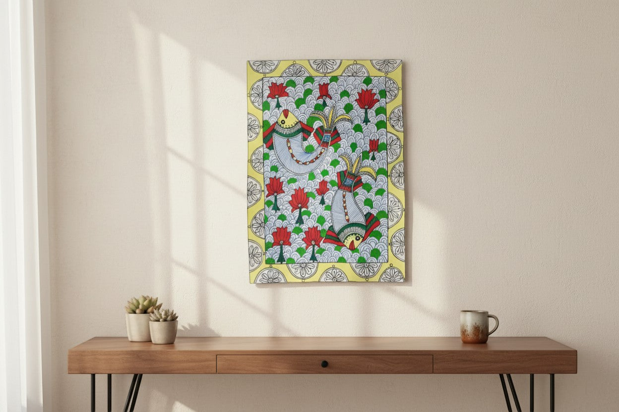 Handmade Madhubani Painting – Floating Fishes | Mithila Art Traditional Indian Folk Wall Decor - Retail Maharaj