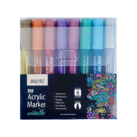 Brustro Acrylic DIY Marker Set of 8 Metallic Shades with 2mm Bullet Tip for Art Craft and Multi Surface Use - Retail Maharaj