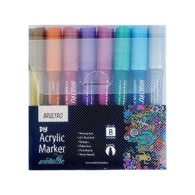 Brustro Acrylic DIY Marker Set of 8 Metallic Shades with 2mm Bullet Tip for Art Craft and Multi Surface Use - Retail Maharaj