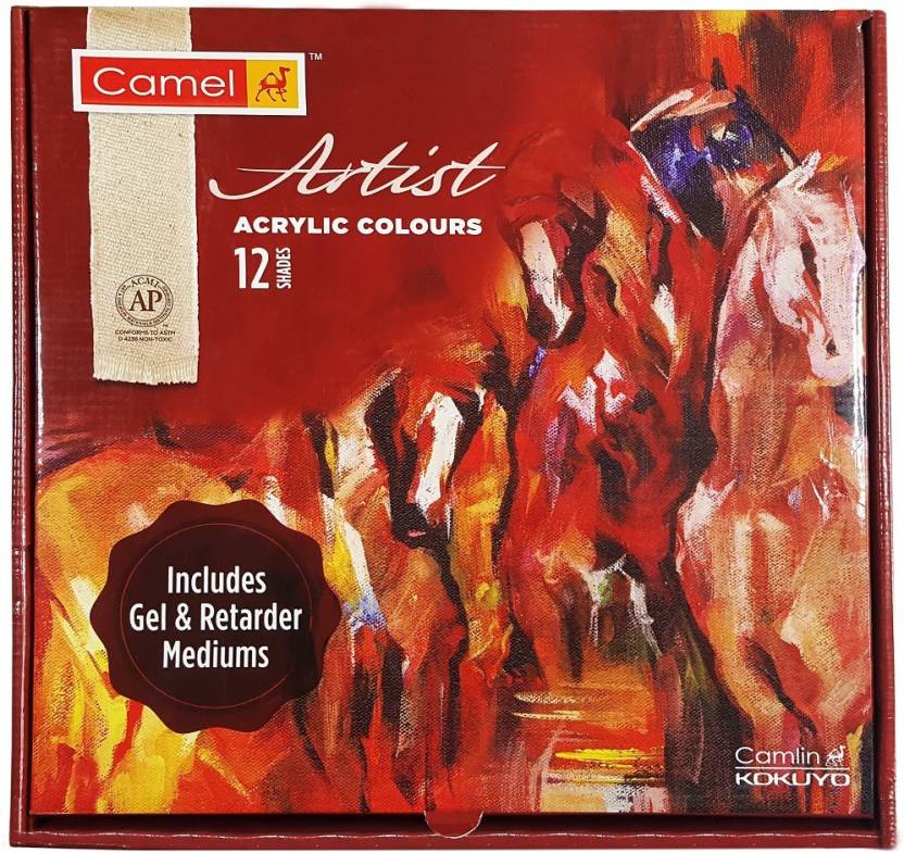 Camel Acrylic Colour Set of 12 and 18 Soft Creamy Artist Acrylic Paint for Canvas Wood Craft and Professional Art - Retail Maharaj
