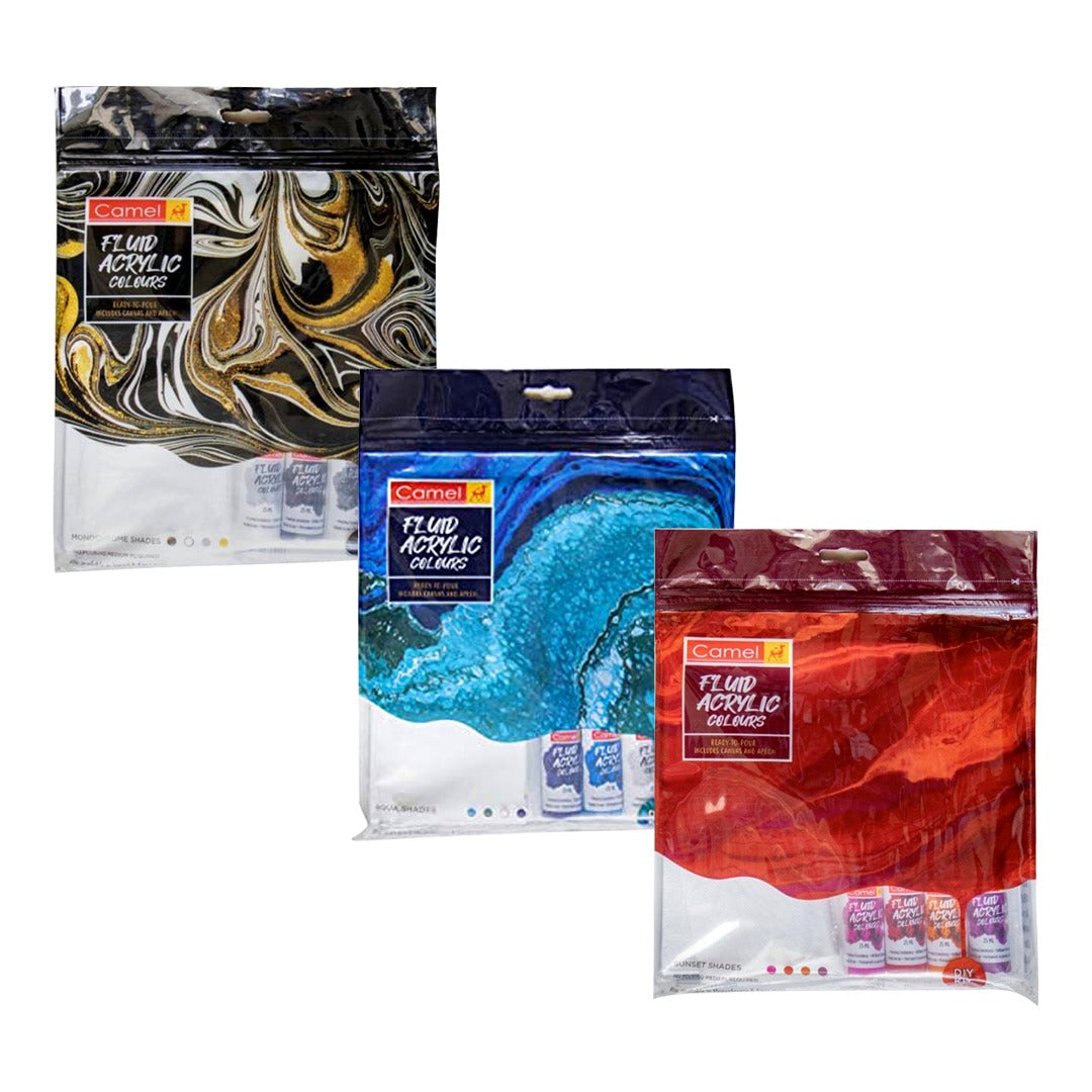 Camel Fluid Acrylic Sets Aqua Sunset Monochrome Pouring Ready Colours with Canvas Board for Easy Creative Art - Retail Maharaj