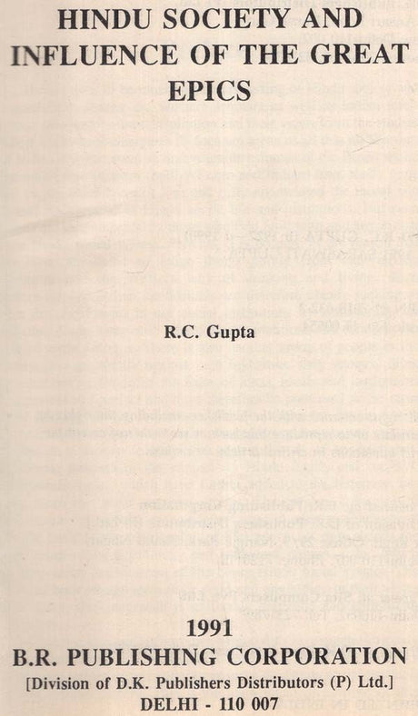 Hindu Society and Influence of the Great Epics (An Old and Rare Book) - Retail Maharaj