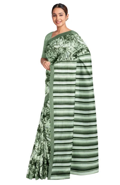 Calcutta Retro – Handwoven Olive Printed Silk Saree - Retail Maharaj