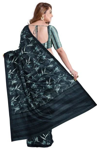 Calcutta Retro – Handwoven Printed Silk Saree – Navy - Retail Maharaj