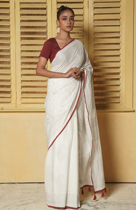 Handwoven Muslin Cotton Saree – Hand Block Printed with Metallic Silver - Retail Maharaj