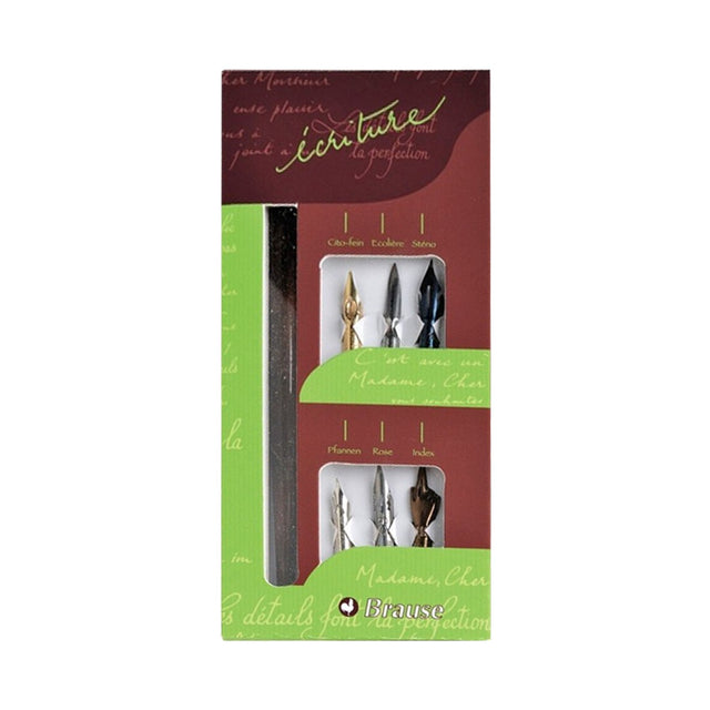 Brause Writing Nib Set 140B with Assorted Steel Nibs and Wooden Holder - Retail Maharaj