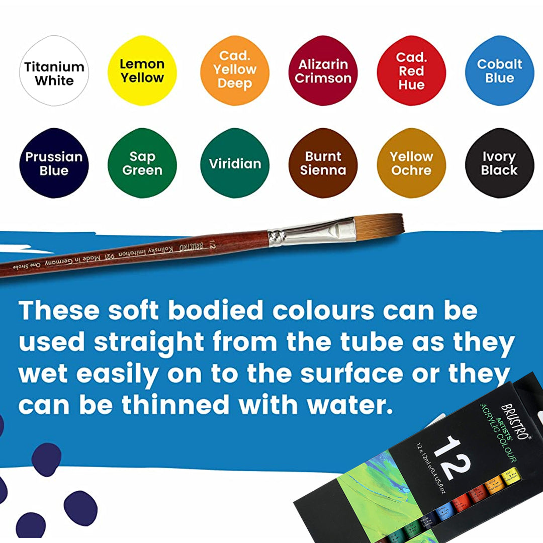 Brustro Artists Acrylic Colour Set Professional 12ml Tubes in 12 and 24 Shades - Retail Maharaj