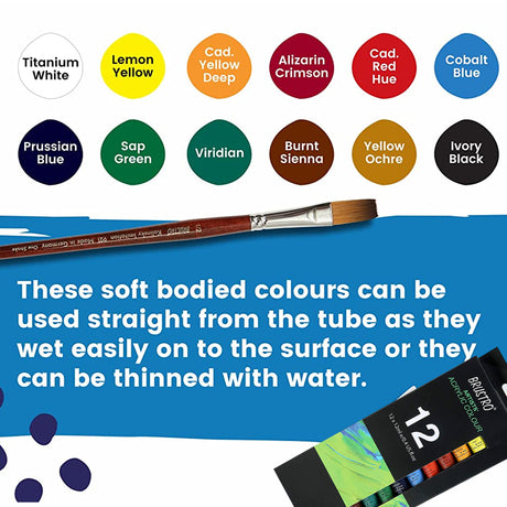 Brustro Artists Acrylic Colour Set Professional 12ml Tubes in 12 and 24 Shades - Retail Maharaj