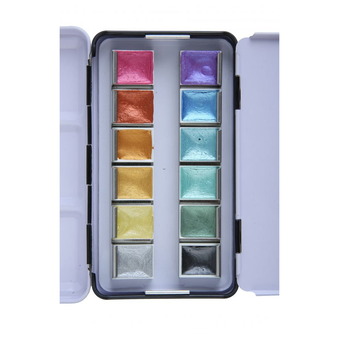Brustro Metallic Watercolour Half Pans Set of 12 - Retail Maharaj