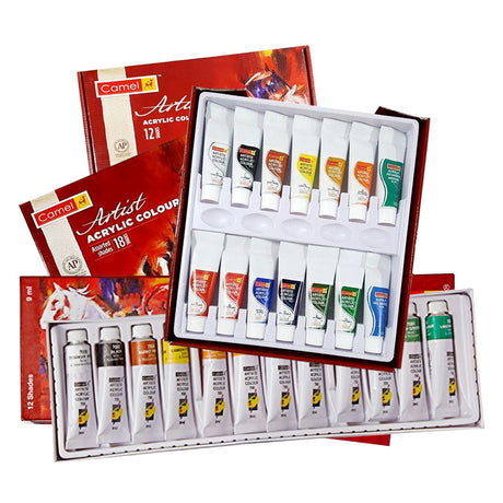 Camel Acrylic Colour Set of 12 and 18 Soft Creamy Artist Acrylic Paint for Canvas Wood Craft and Professional Art - Retail Maharaj