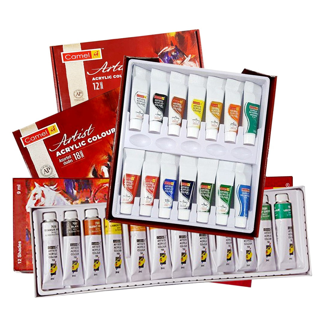 Camel Acrylic Colour Set of 12 and 18 Soft Creamy Artist Acrylic Paint for Canvas Wood Craft and Professional Art - Retail Maharaj