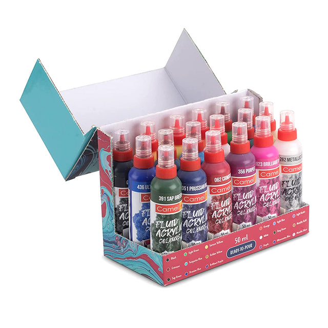 Camel Fluid Acrylic Colours Set of 18 Shades Professional Pouring and Art Paints - Retail Maharaj