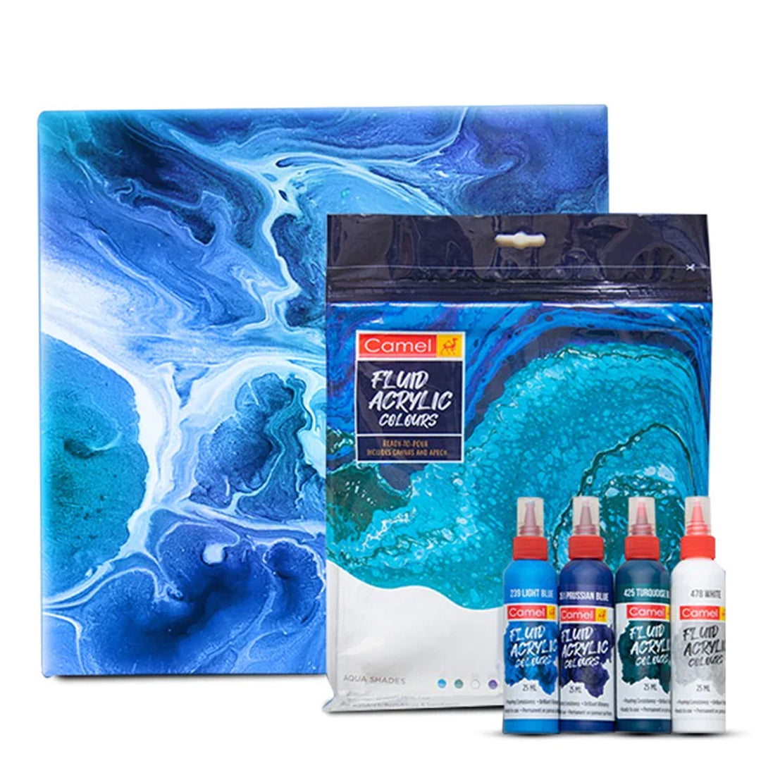 Camel Fluid Acrylic Sets Aqua Sunset Monochrome Pouring Ready Colours with Canvas Board for Easy Creative Art - Retail Maharaj