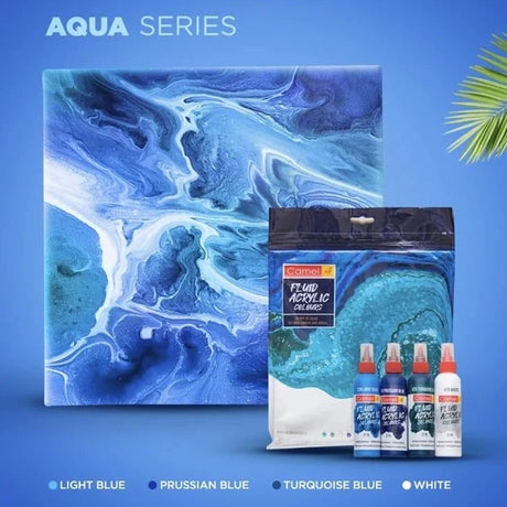 Camel Fluid Acrylic Sets Aqua Sunset Monochrome Pouring Ready Colours with Canvas Board for Easy Creative Art - Retail Maharaj