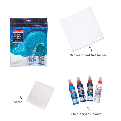 Camel Fluid Acrylic Sets Aqua Sunset Monochrome Pouring Ready Colours with Canvas Board for Easy Creative Art - Retail Maharaj