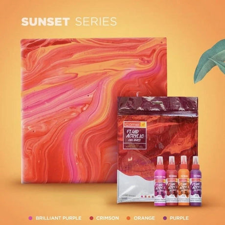 Camel Fluid Acrylic Sets Aqua Sunset Monochrome Pouring Ready Colours with Canvas Board for Easy Creative Art - Retail Maharaj