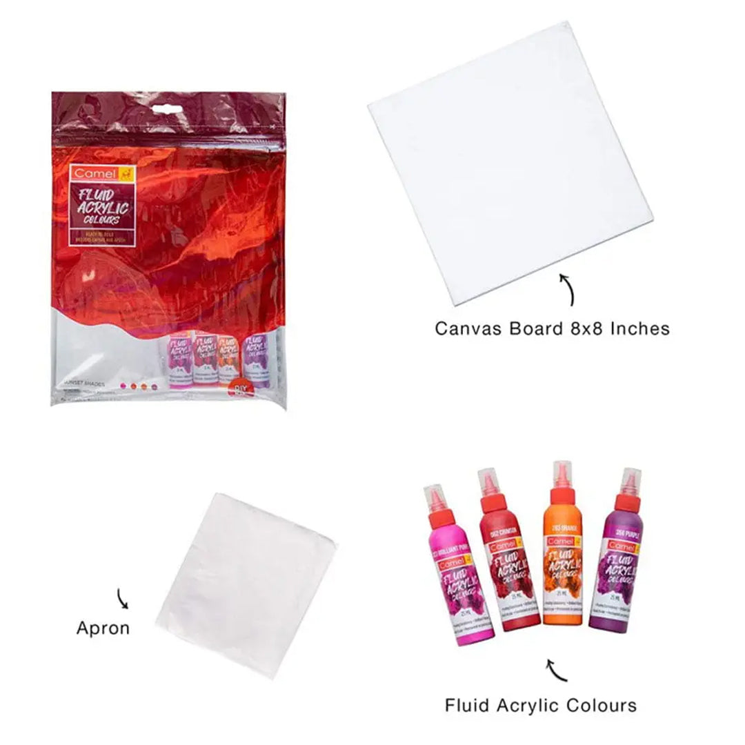 Camel Fluid Acrylic Sets Aqua Sunset Monochrome Pouring Ready Colours with Canvas Board for Easy Creative Art - Retail Maharaj