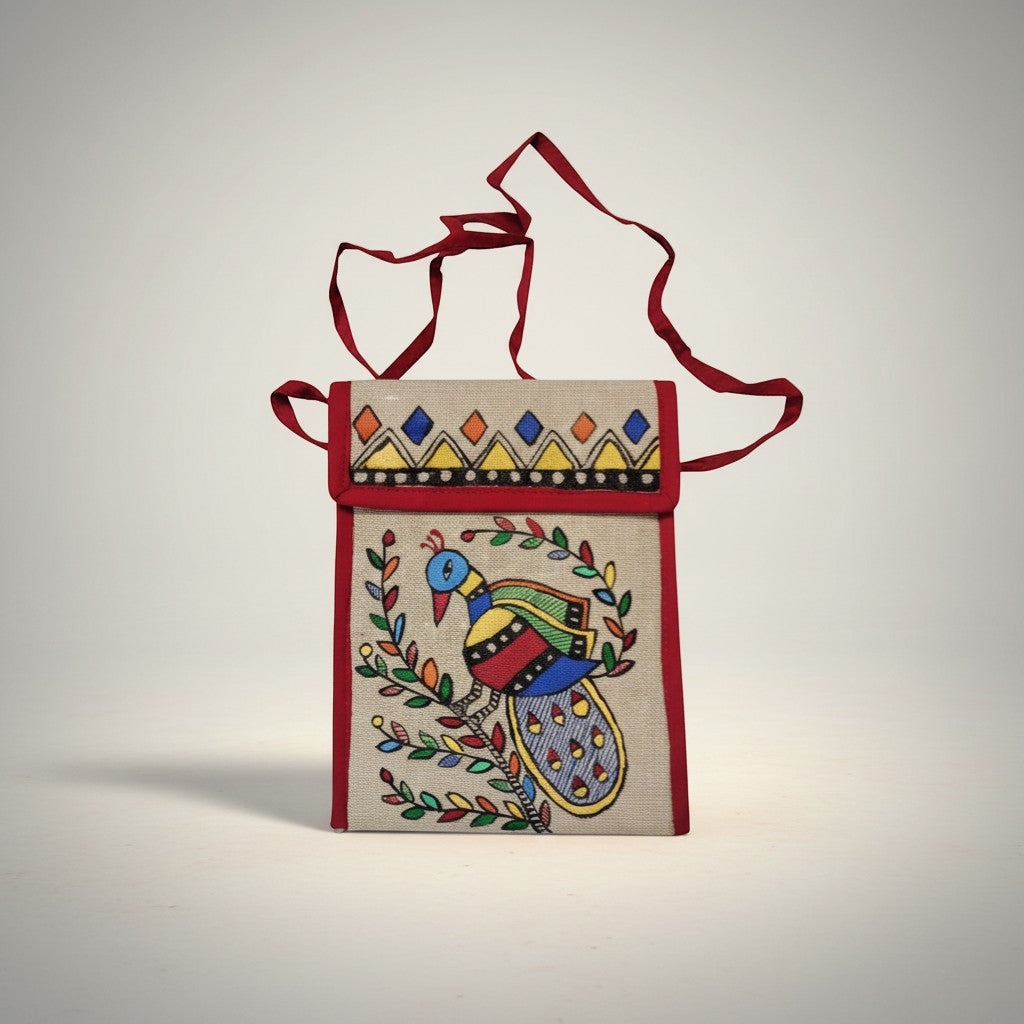 Handmade Madhubani Mobile Pouch – Jute Mithila Art Phone Bag | Eco-friendly Folk Art Accessory - Retail Maharaj