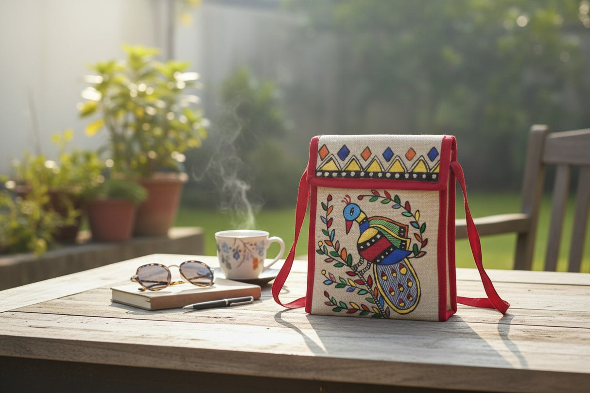 Handmade Madhubani Mobile Pouch – Jute Mithila Art Phone Bag | Eco-friendly Folk Art Accessory - Retail Maharaj