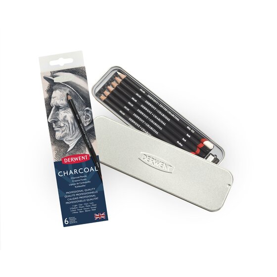 Derwent Charcoal Pencil Tin Set with Light Medium Dark and White - Retail Maharaj