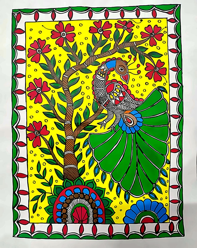 Handmade Madhubani Painting – Peacock on a Branch | Mithila Art Traditional Indian Folk Wall Decor - Retail Maharaj