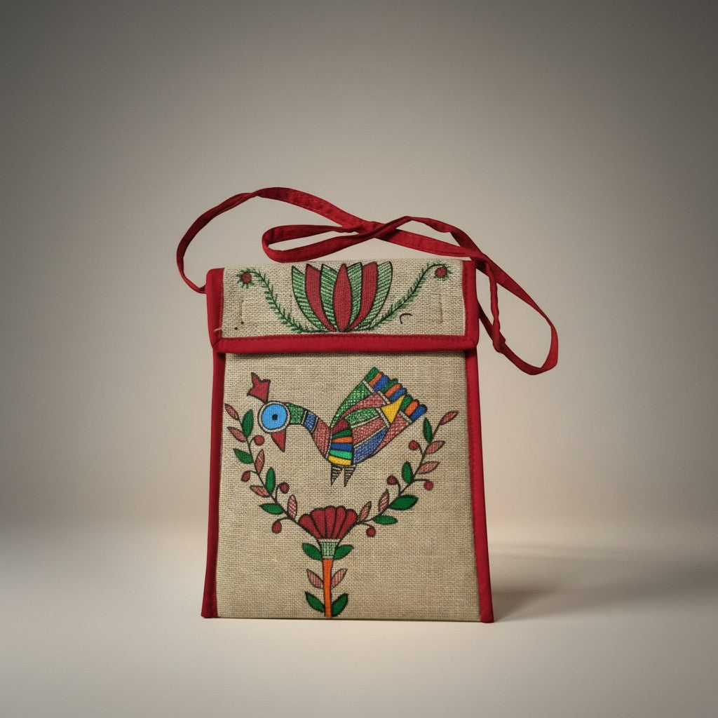 Handmade Madhubani Mobile Pouch – Jute Mithila Art Phone Bag | Eco-friendly Folk Art Accessory - Retail Maharaj
