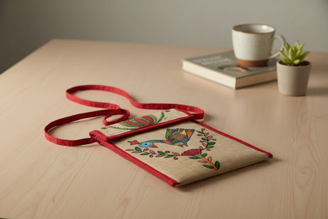 Handmade Madhubani Mobile Pouch – Jute Mithila Art Phone Bag | Eco-friendly Folk Art Accessory - Retail Maharaj