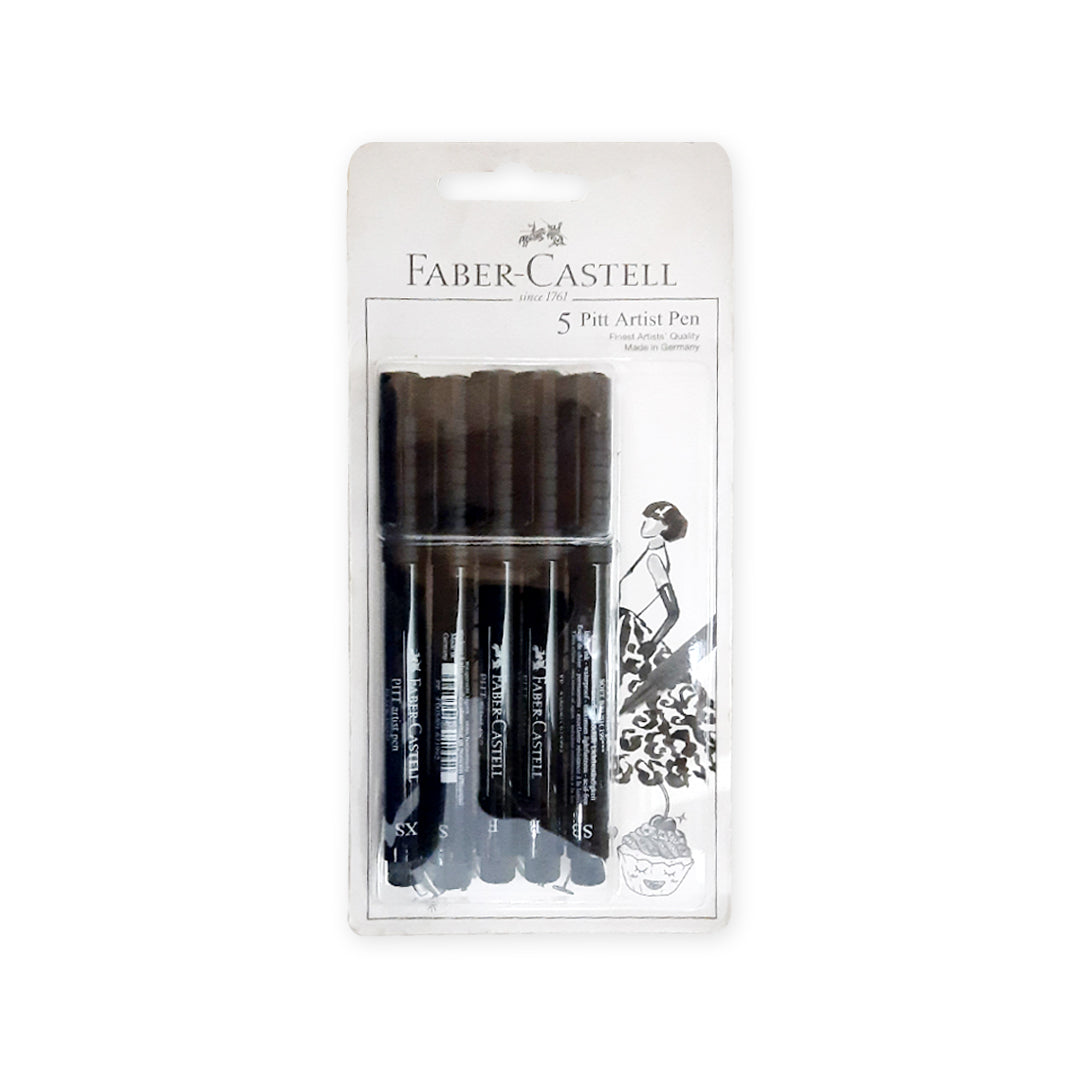 Faber Castell Pitt Artist Pen Black Set of Five Pigment Drawing Pens - Retail Maharaj